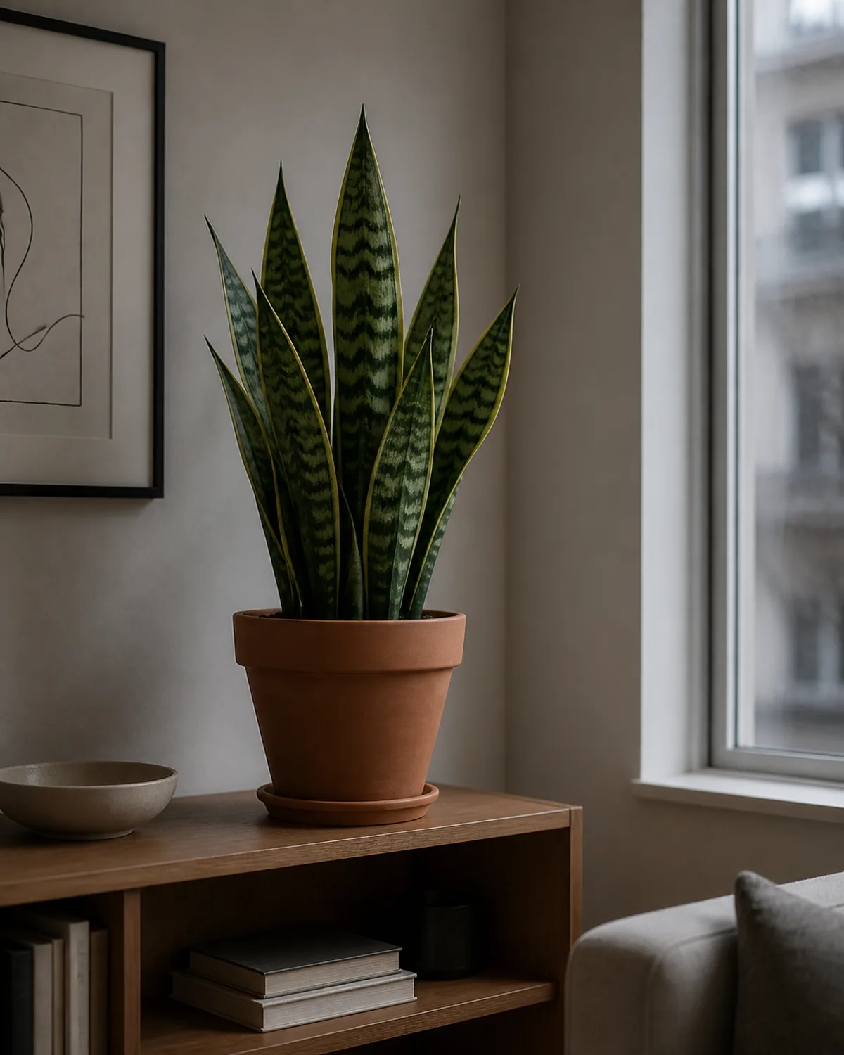 A mature snake plant in a plain terracotta pot on a low wood shelf in a calm modern living room with a tall north-facing window in soft focus 6 feet to the right and only cool overcast ambient daylight, upright stiff single sword leaves with light horizontal banding