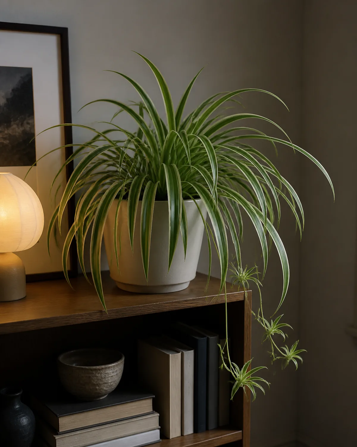A mature spider plant in a plain cream ceramic pot on a low shelf in a dim real living room corner about 6 feet from a north-facing window in soft focus, only soft cool ambient daylight, arching grass-like longitudinally-striped leaves with a baby plantlet dangling on a long wiry stolon