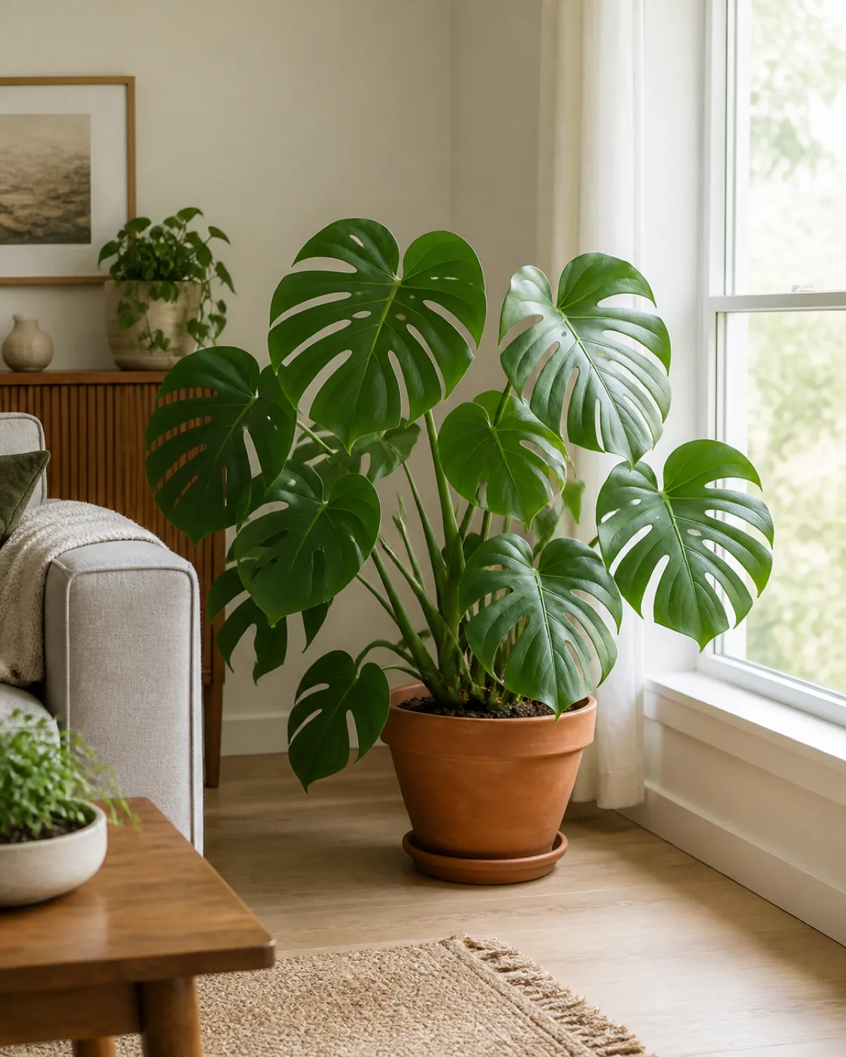 A monstera a few feet from a bright window in soft indirect daylight