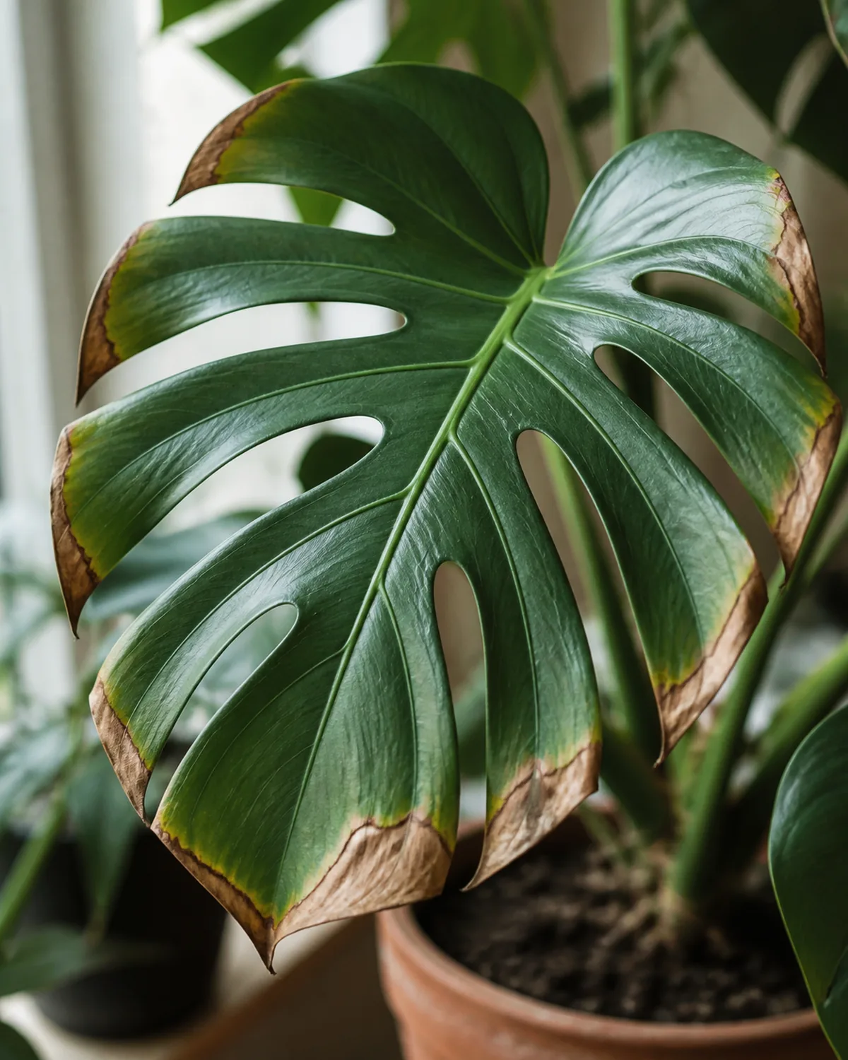 A close shot of a monstera leaf with brown crispy edges on otherwise green tissue