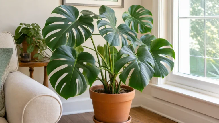A healthy mature monstera with large fenestrated leaves in a bright living-room corner