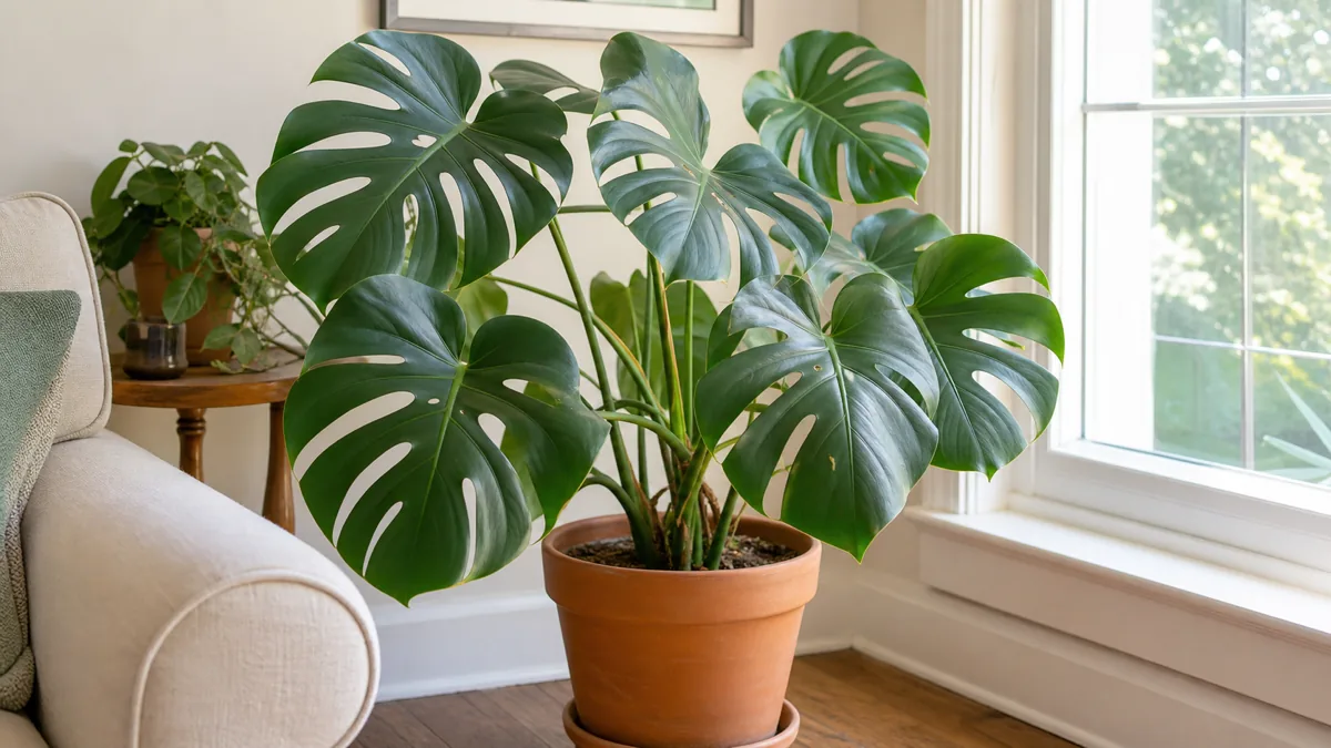 A healthy mature monstera with big split leaves in a bright corner