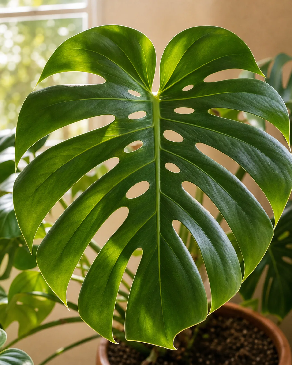 A close shot of a large, glossy fenestrated monstera leaf