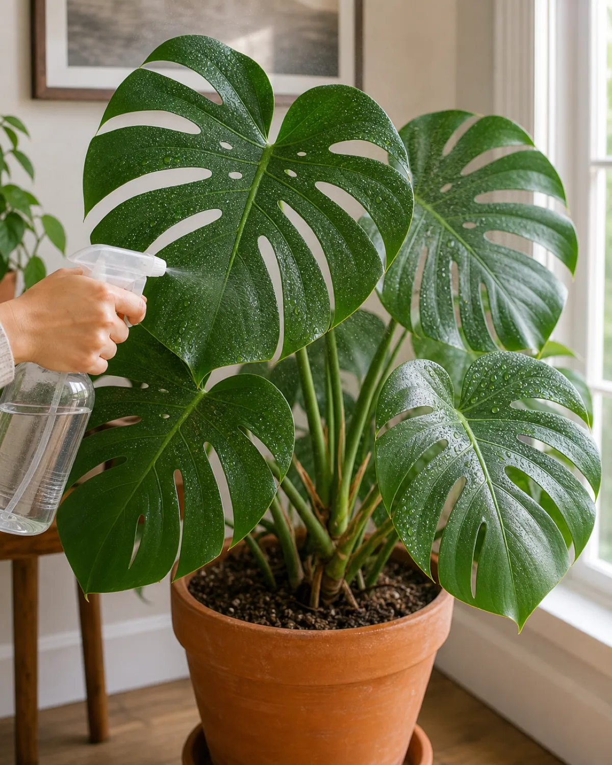 Fine mist on the glossy leaves of a monstera in soft morning light