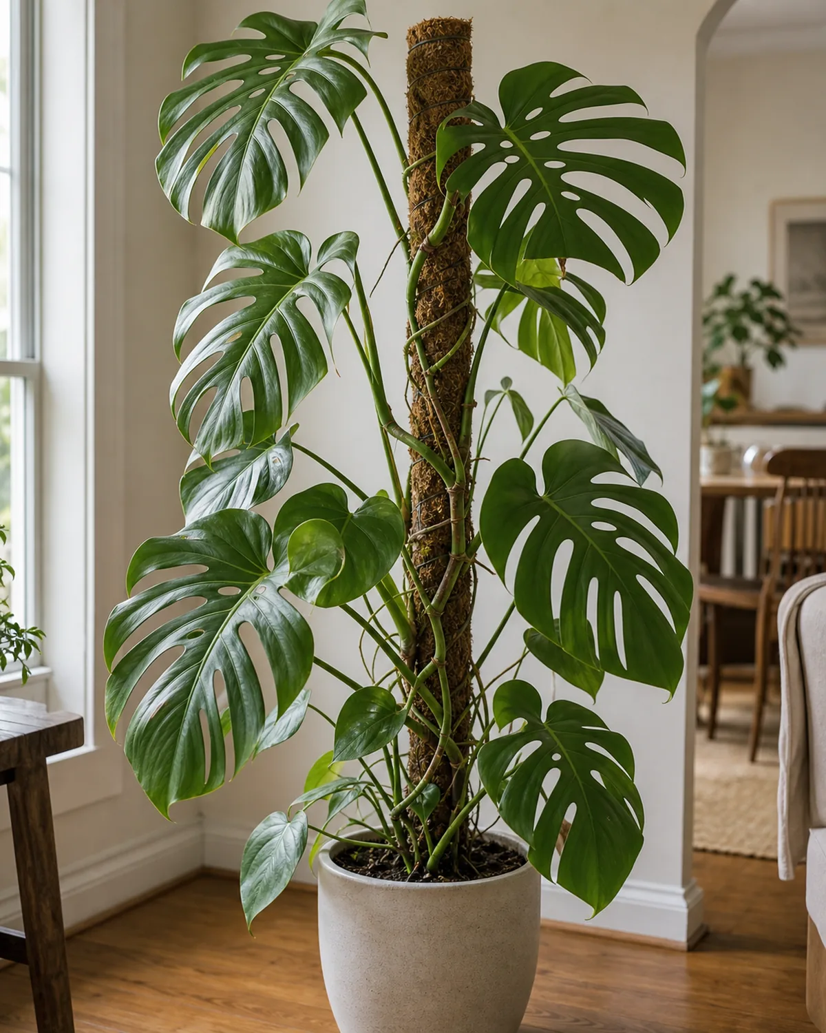 A monstera climbing a moss pole with aerial roots gripping it