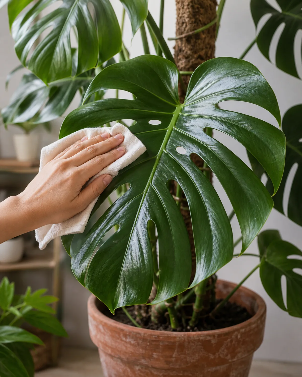 A hand gently wiping a glossy monstera leaf clean with a soft cloth