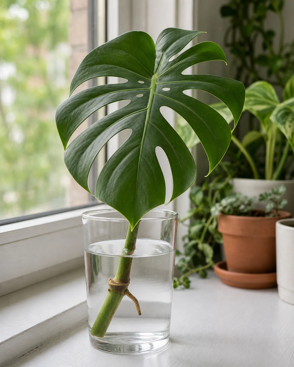 A monstera stem cutting with a node rooting in a clear glass of water on a windowsill