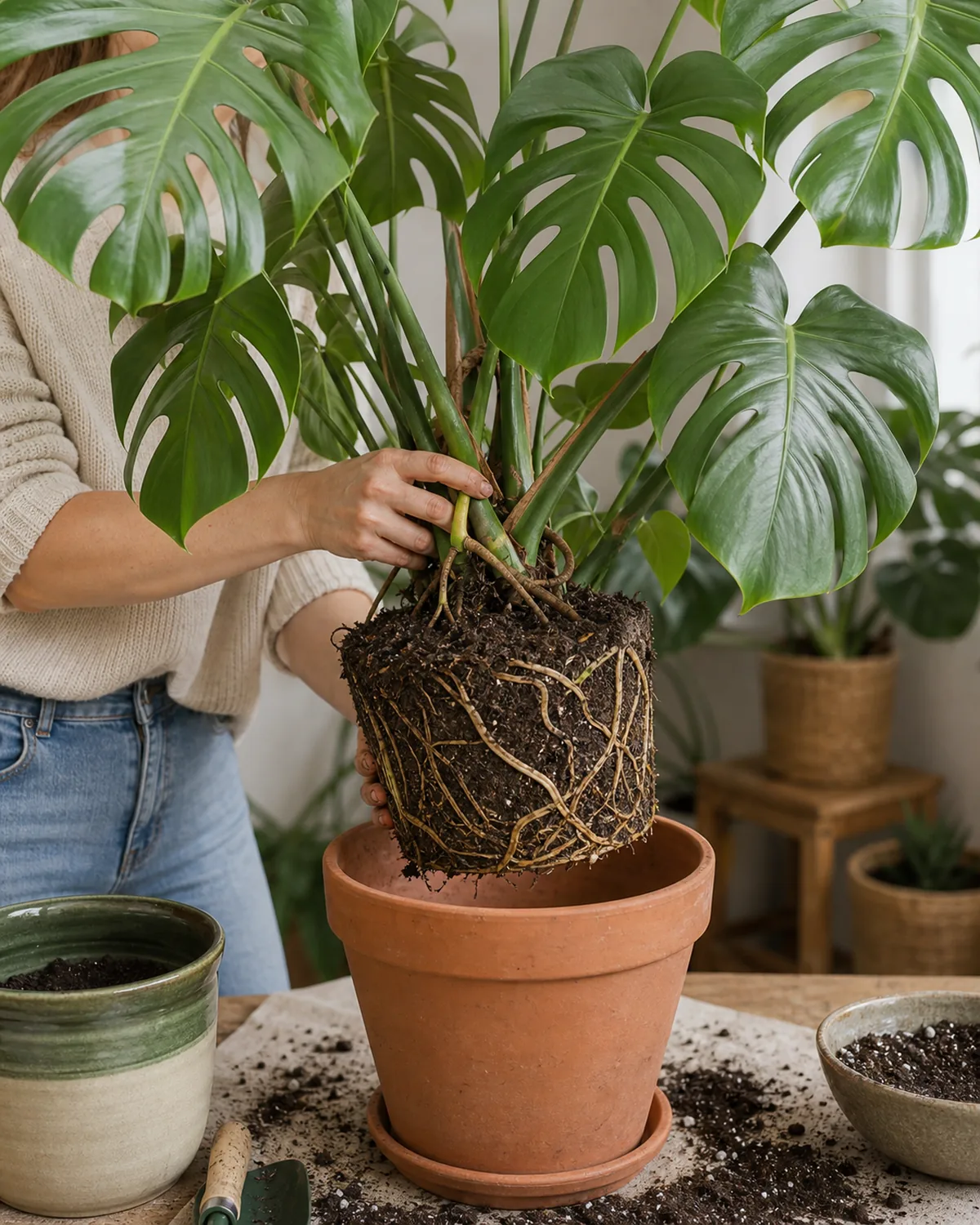 A monstera lifted from its pot showing a healthy root ball, ready for a larger pot