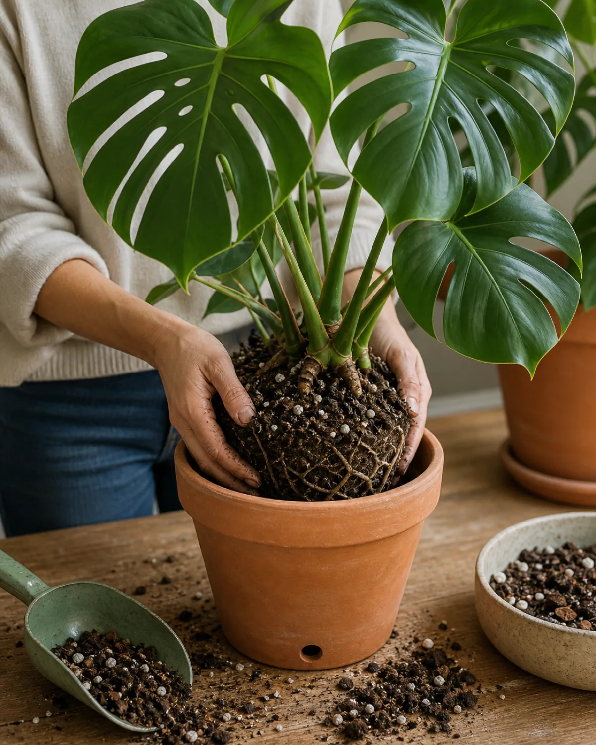 Repotting a monstera into a chunky bark-and-perlite mix in a terracotta pot with a drainage hole
