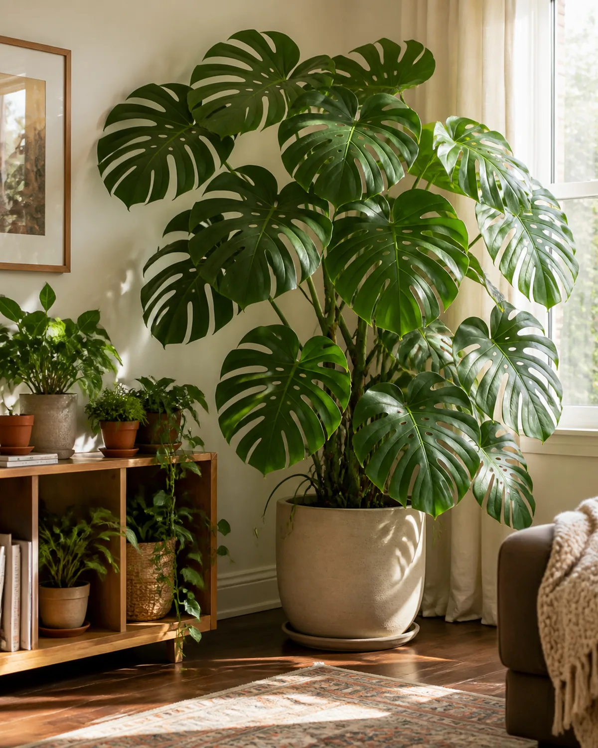 A large thriving monstera styled in a bright living-room corner beside a low shelf