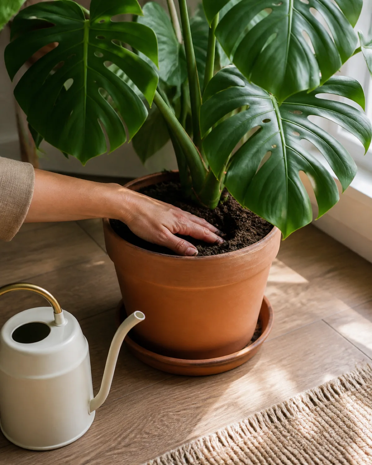 A hand checking the topsoil moisture of a potted monstera beside a watering can