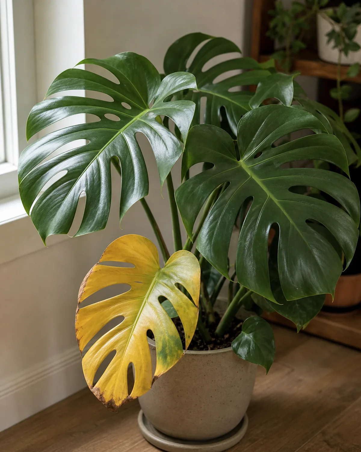 A monstera with one yellowing leaf among healthy green fenestrated leaves