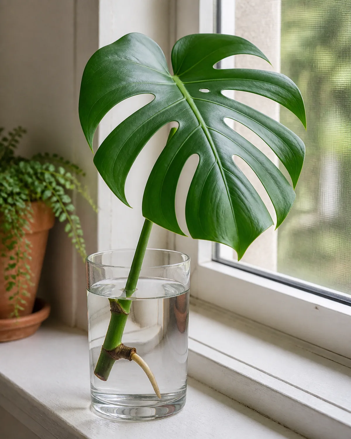 A young monstera with small solid heart-shaped leaves that have not split yet