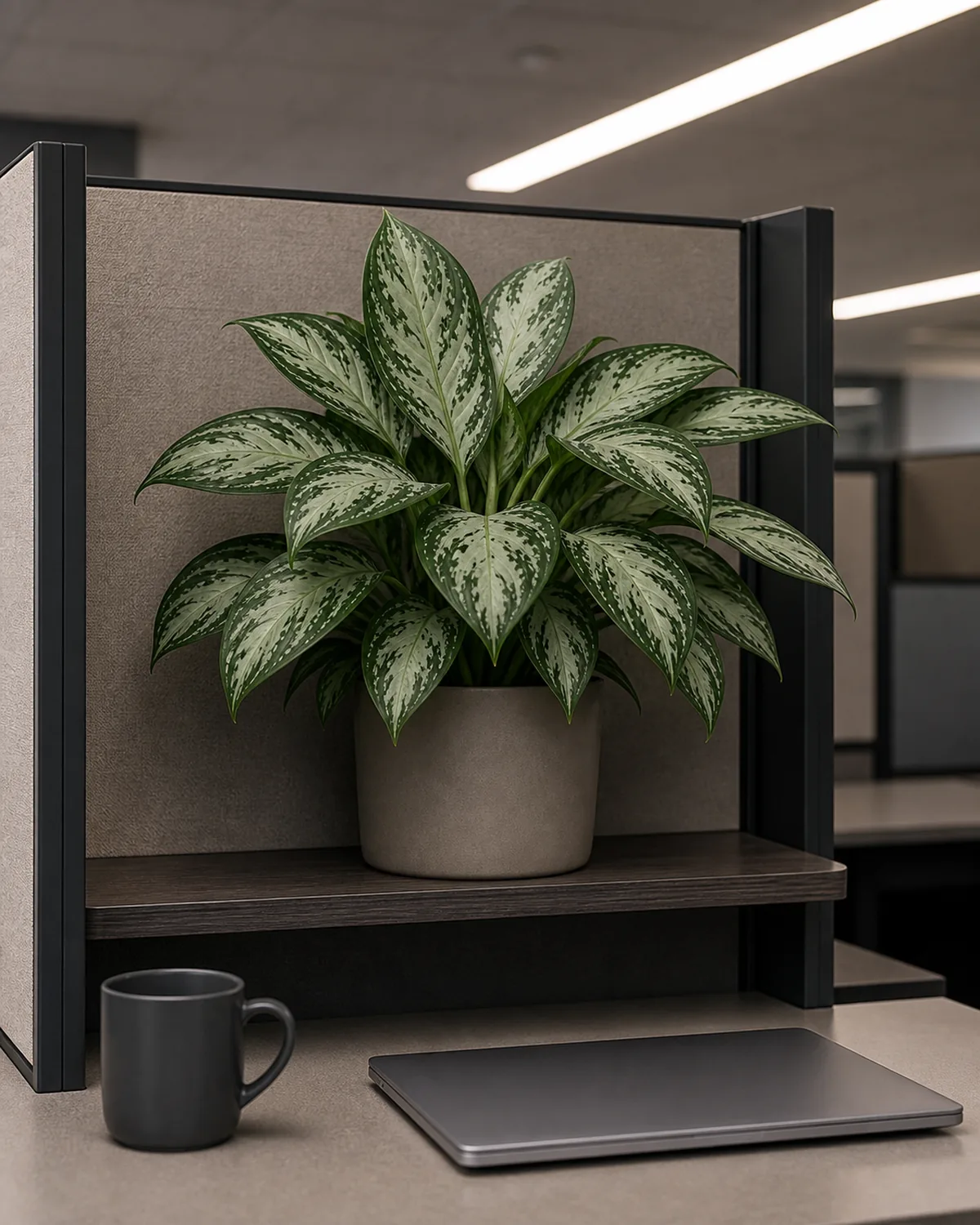 A Chinese evergreen aglaonema with silver-patterned dark green leaves in a ceramic pot on a windowless cubicle shelf