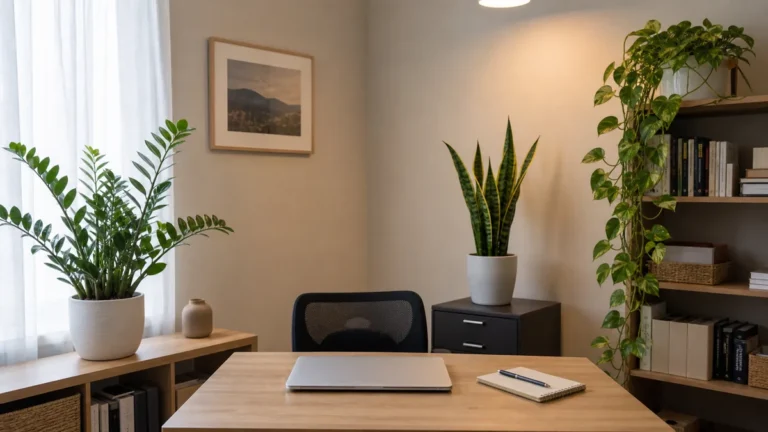 A calm light-toned modern home office with a tidy desk, a closed laptop, a ZZ plant on a low shelf, a snake plant on a small filing cabinet, and a trailing pothos cascading from a tall bookcase
