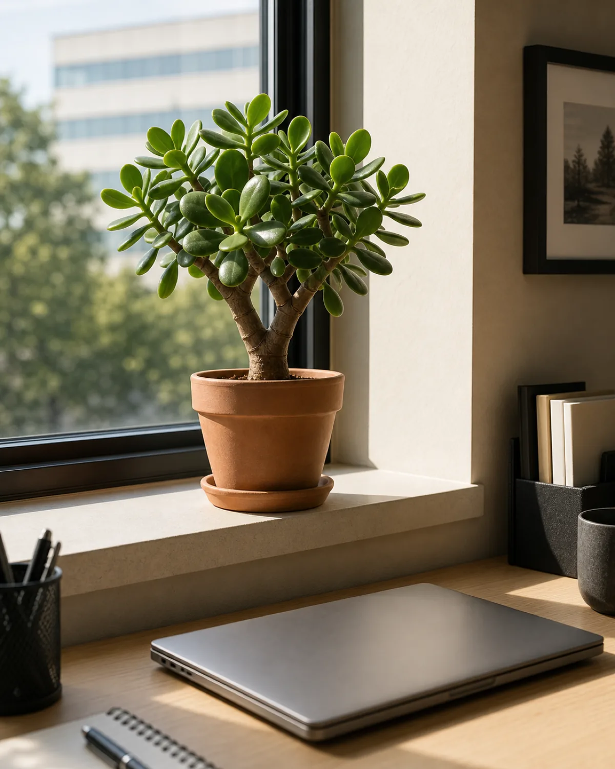 A jade plant with glossy oval leaves on a thick woody trunk in a small terracotta pot on a sunny office windowsill