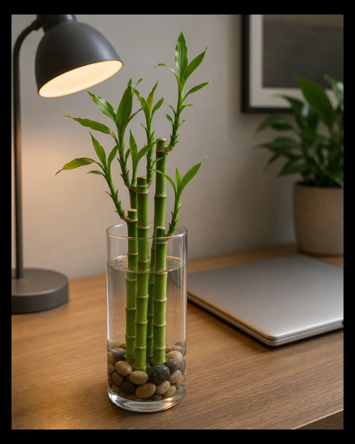 A lucky bamboo with slim green canes in a clear glass vase of pebbles and water on an office desk under a lamp