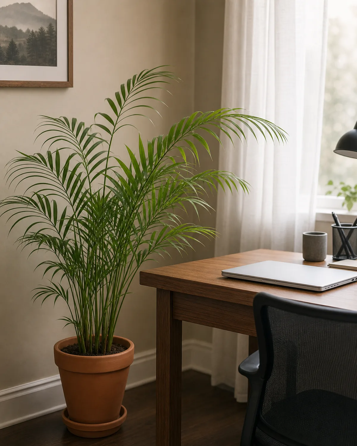 A parlor palm with slim arching fronds in a terracotta pot beside an office desk, soft indirect light from a side window
