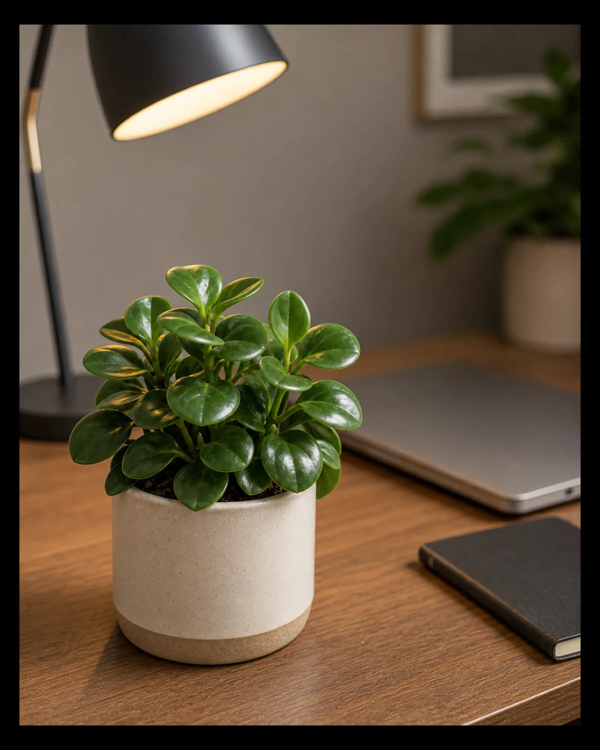 A peperomia raindrop with small rounded glossy leaves in a small ceramic pot on an office desk under a soft lamp