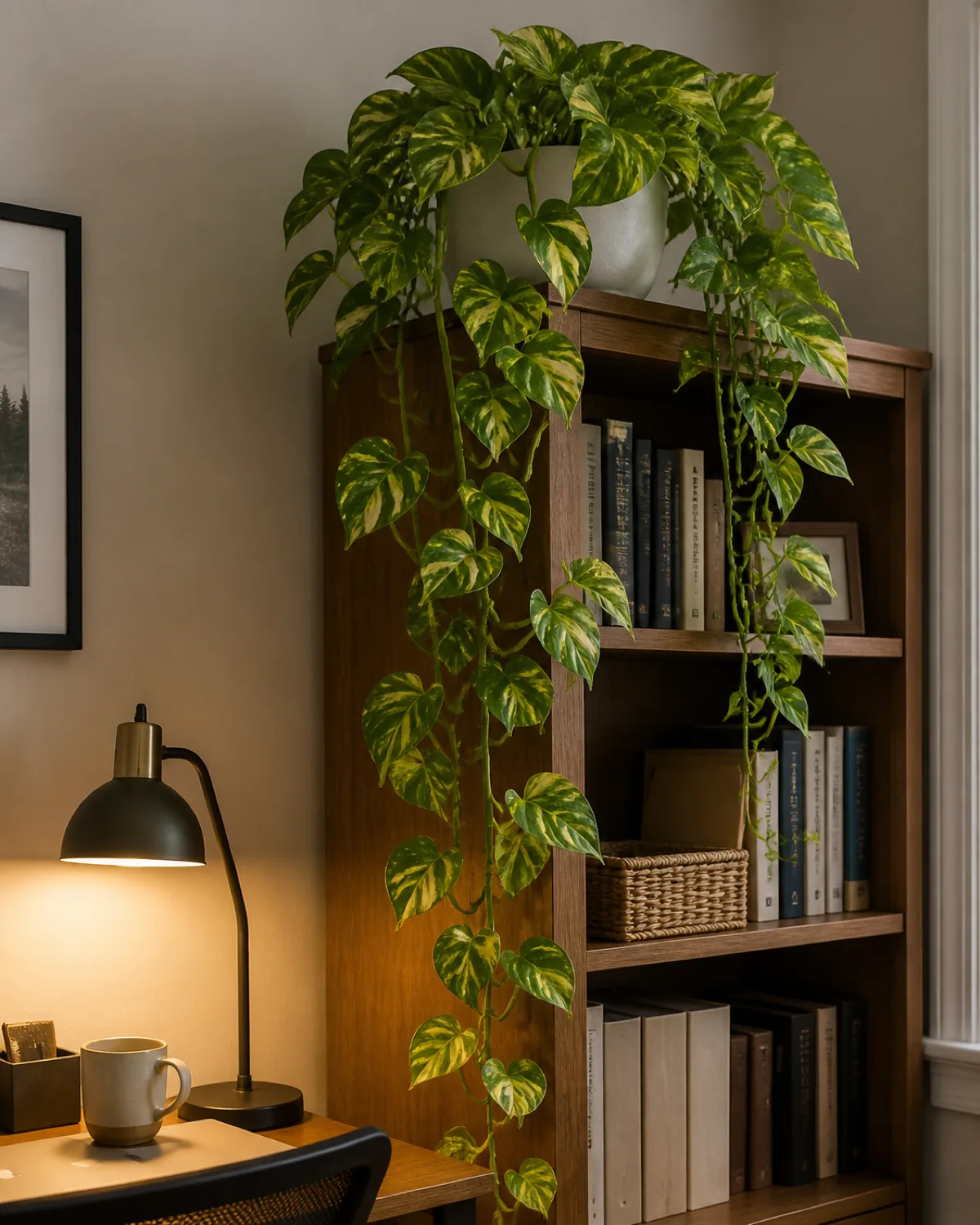 A heart-leaf philodendron with small dark heart-shaped leaves trailing along a monitor stand on an office desk, soft lamp light