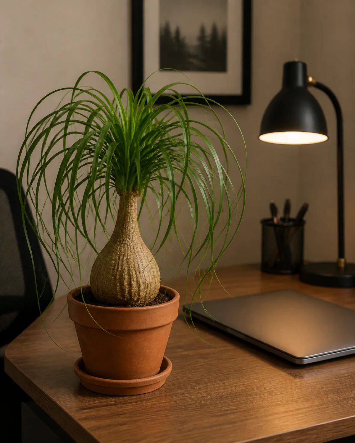 A small ponytail palm with slim arching strap leaves over a swollen water-storing trunk in a terracotta pot on an office desk corner