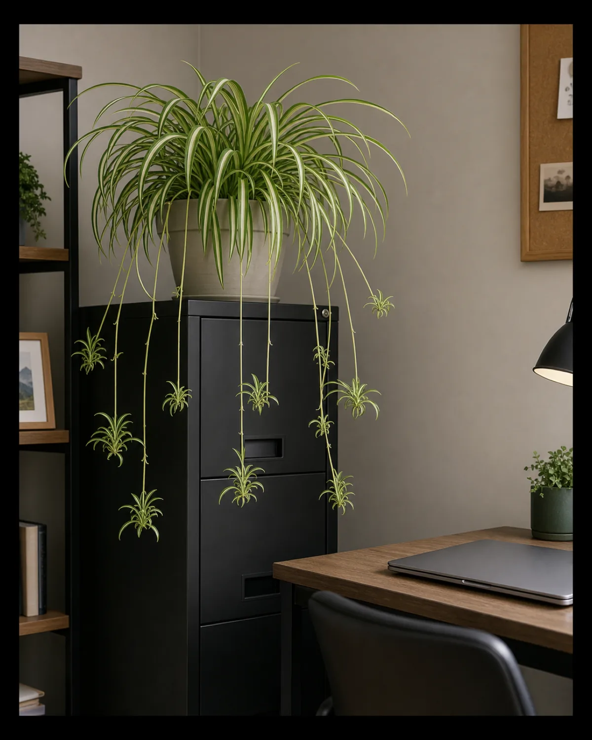 A spider plant with arching striped leaves and cascading baby plantlets in a hanging pot on top of a tall filing cabinet in a home office