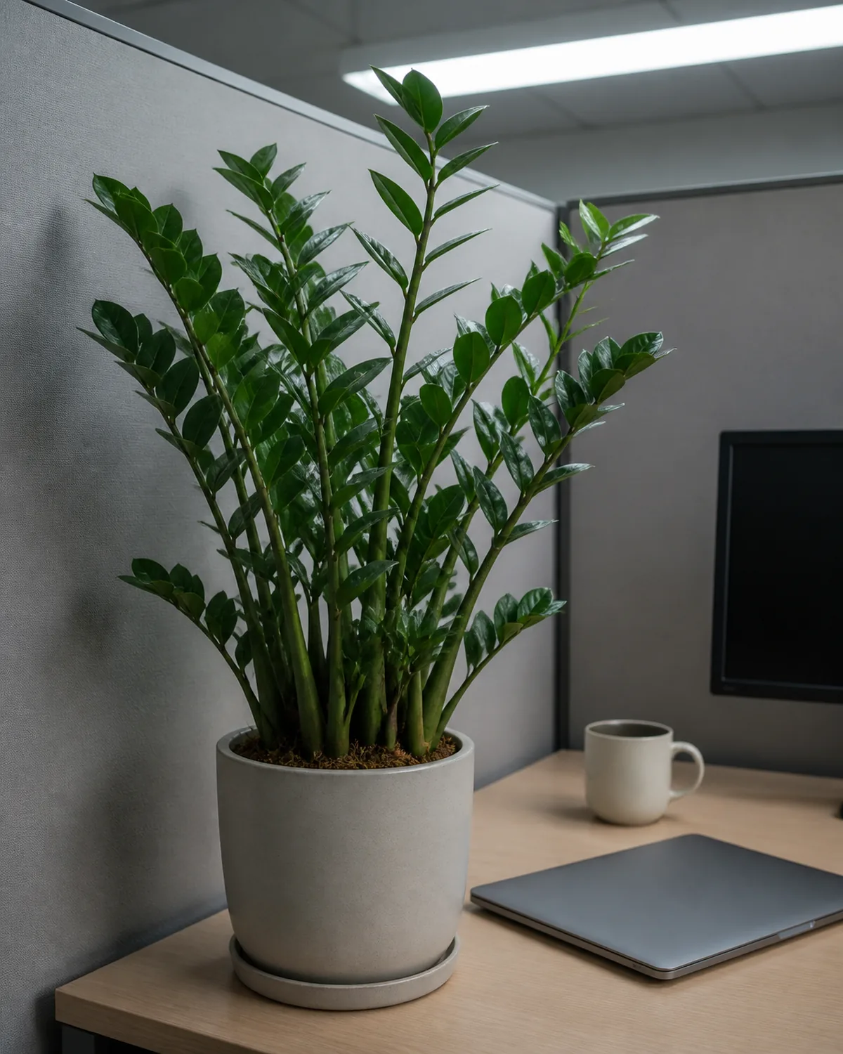 A potted ZZ plant on a corner desk under a fluorescent ceiling light in a windowless office, glossy waxy pinnate fronds standing upright