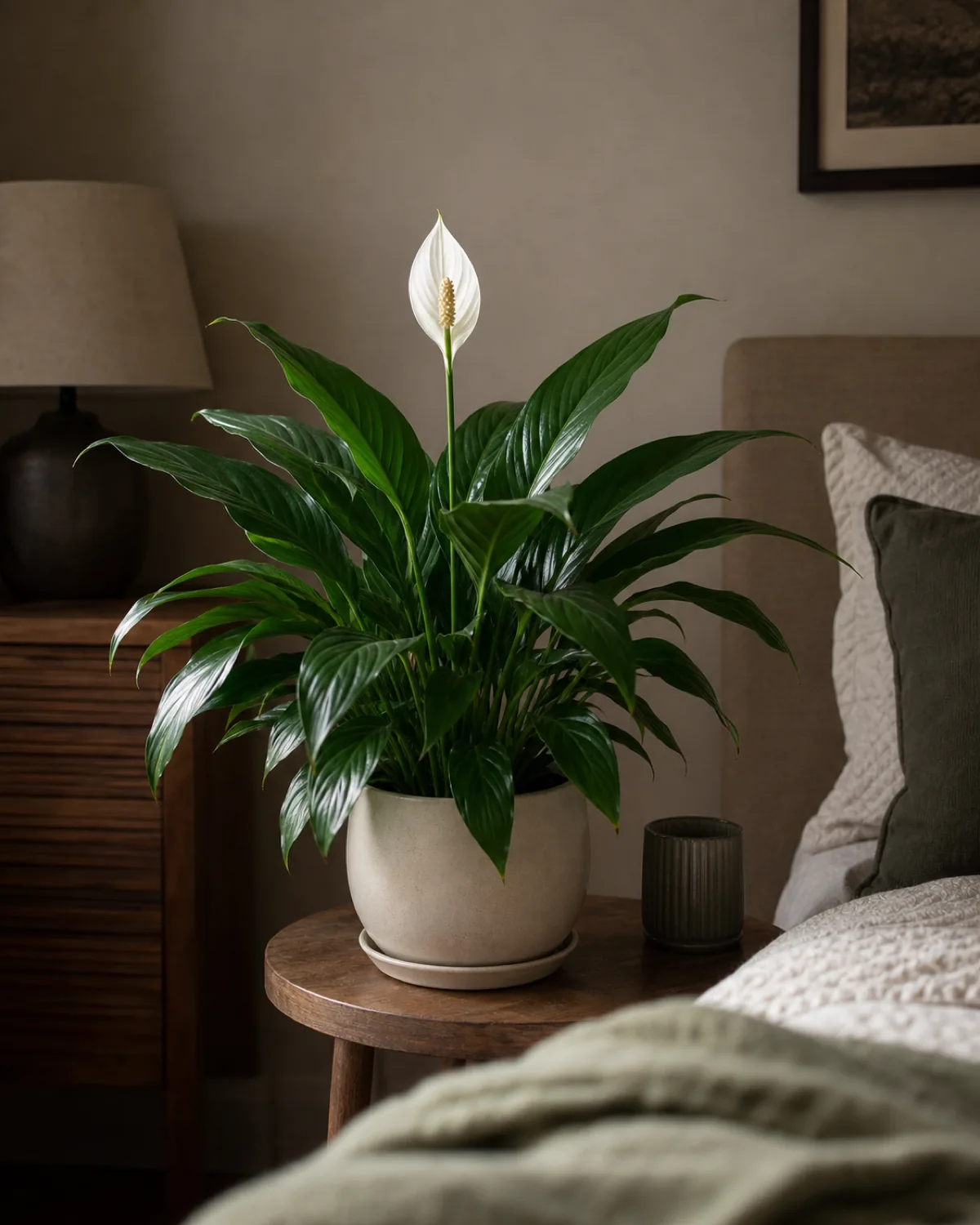 A potted peace lily on a low side table in a calm dim corner of a real-home room, arching dark leaves and one creamy-white spathe