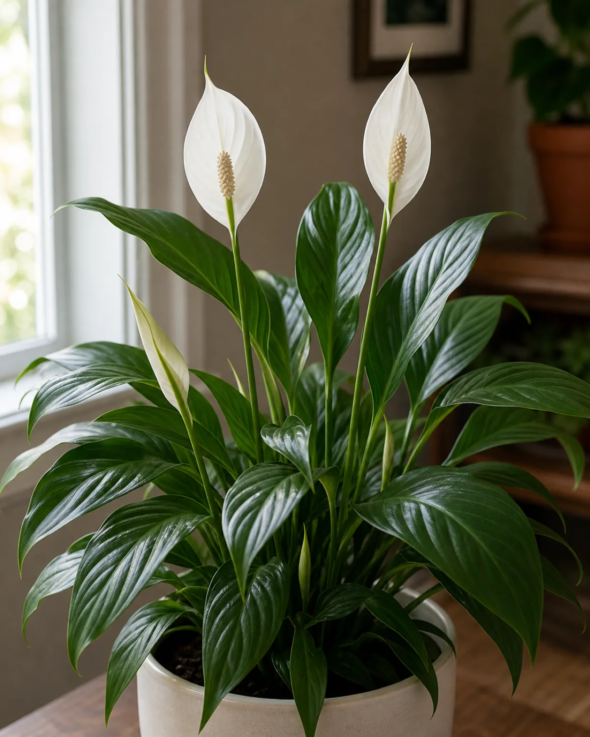 A mature peace lily putting out multiple new creamy-white spathes on long pale stalks above arching dark leaves near a bright window
