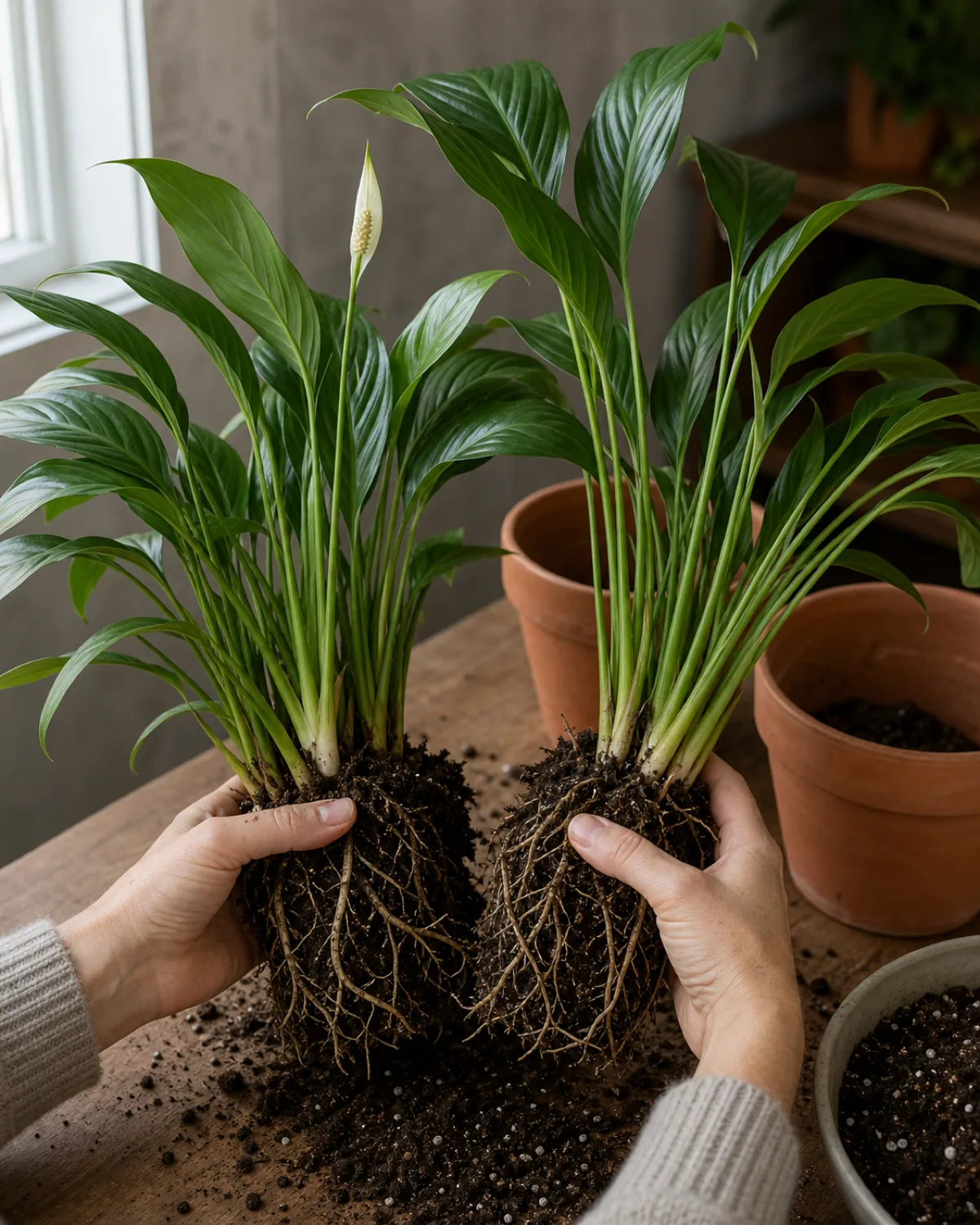 A mature peace lily lifted out of its pot at repotting time, the rootball gently split by hand into two smaller clumps beside two terracotta pots