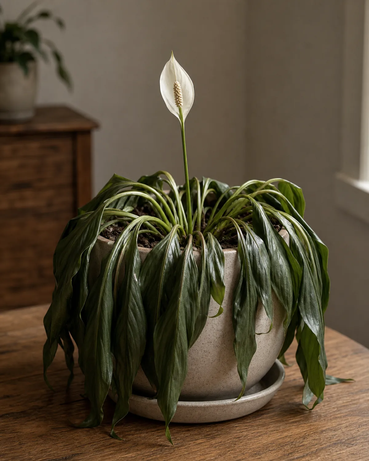 A potted peace lily dramatically wilted from thirsty soil, every leaf collapsed and flopped over the pot edge, still healthy underneath