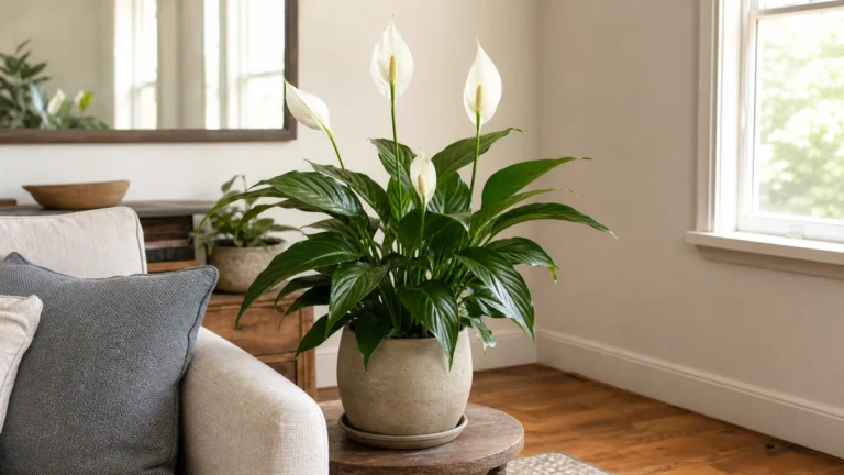 A healthy potted peace lily in full bloom with creamy-white spathes rising above arching dark green leaves on a side table in a bright living-room corner