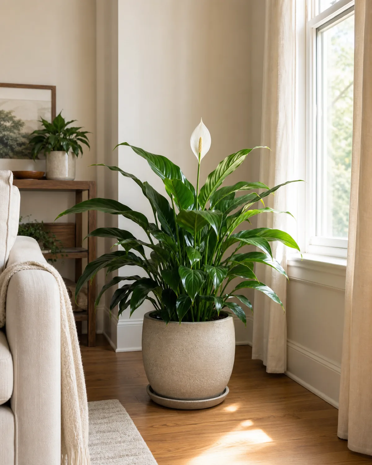 A potted peace lily near a bright window in soft indirect daylight, arching dark green leaves catching warm light, one white spathe visible