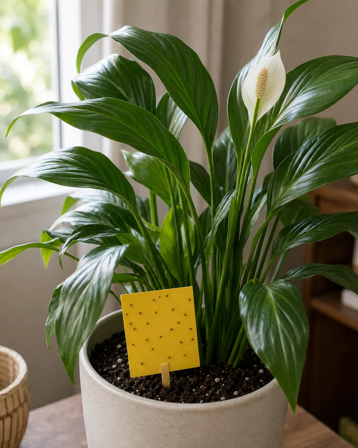 A potted peace lily with a yellow sticky pest stake pushed into the soil catching fungus gnats, the plant healthy above
