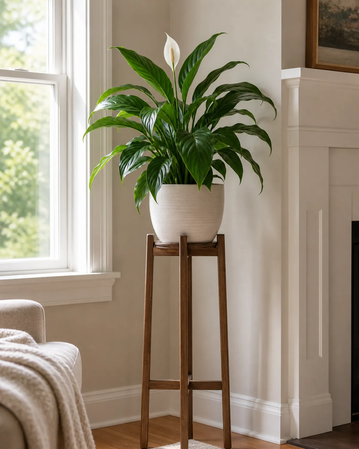 A peace lily placed on a tall wood plant stand above floor level out of pet reach, arching dark leaves and one white spathe
