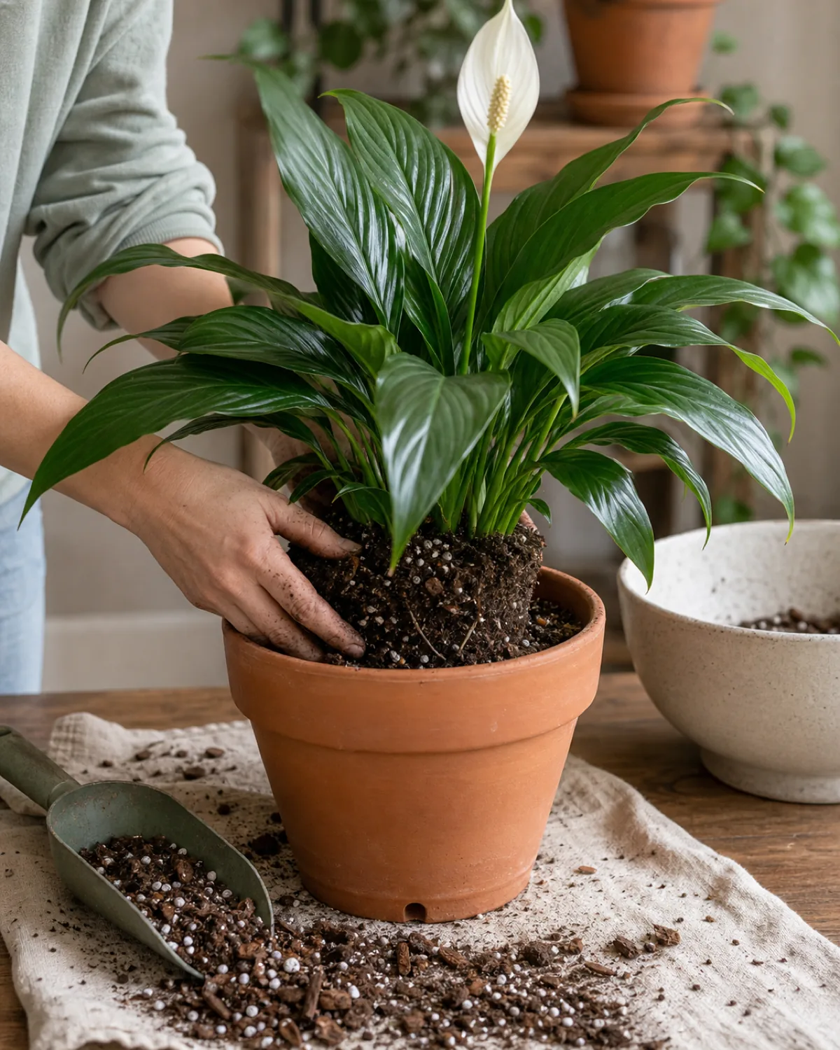 A peace lily being potted into a chunky well-draining aroid mix with perlite in a terracotta pot with a drainage hole