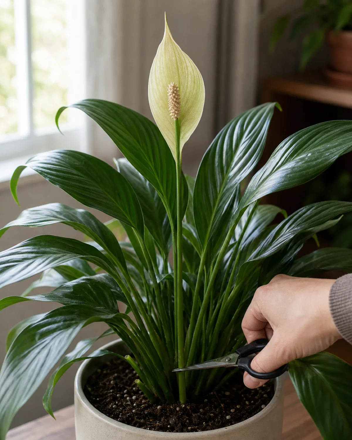 A hand using small scissors to cut a green-fading peace lily flower stalk at the base of the plant just above the soil