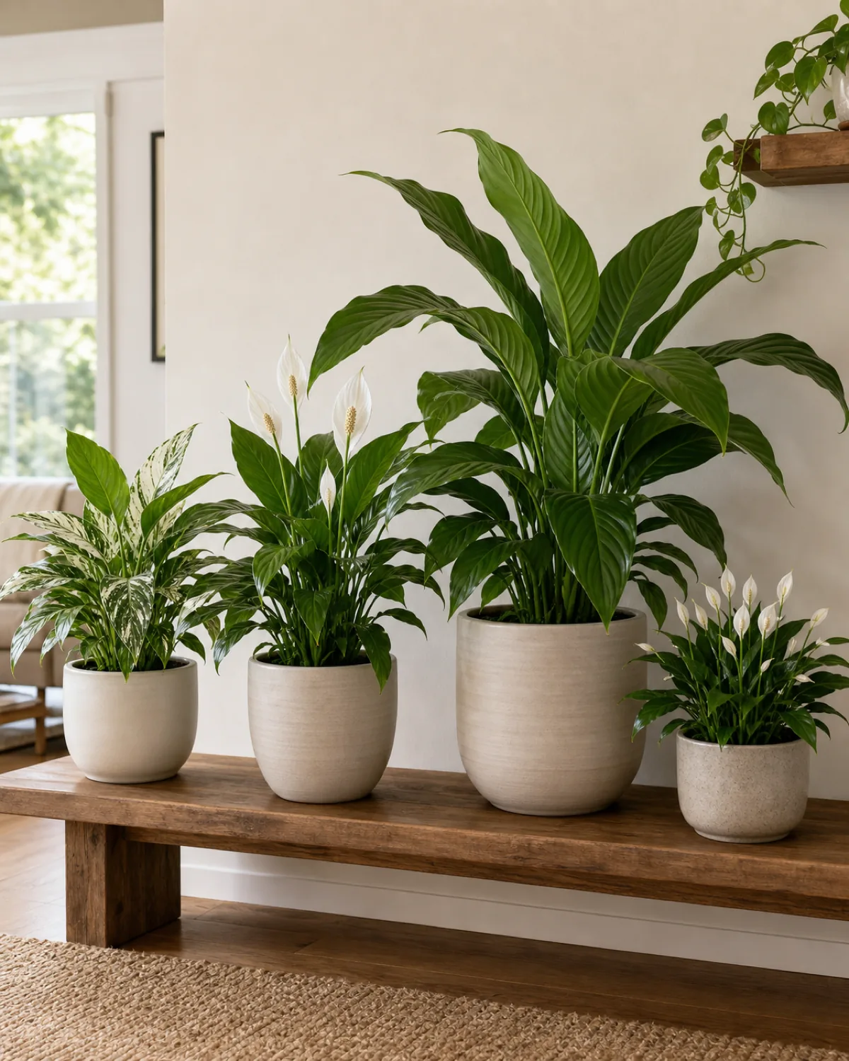 Four peace lily varieties side by side on a low shelf: Domino with variegated leaves, Mauna Loa classic mid-size, large Sensation, and compact Sweet Chico