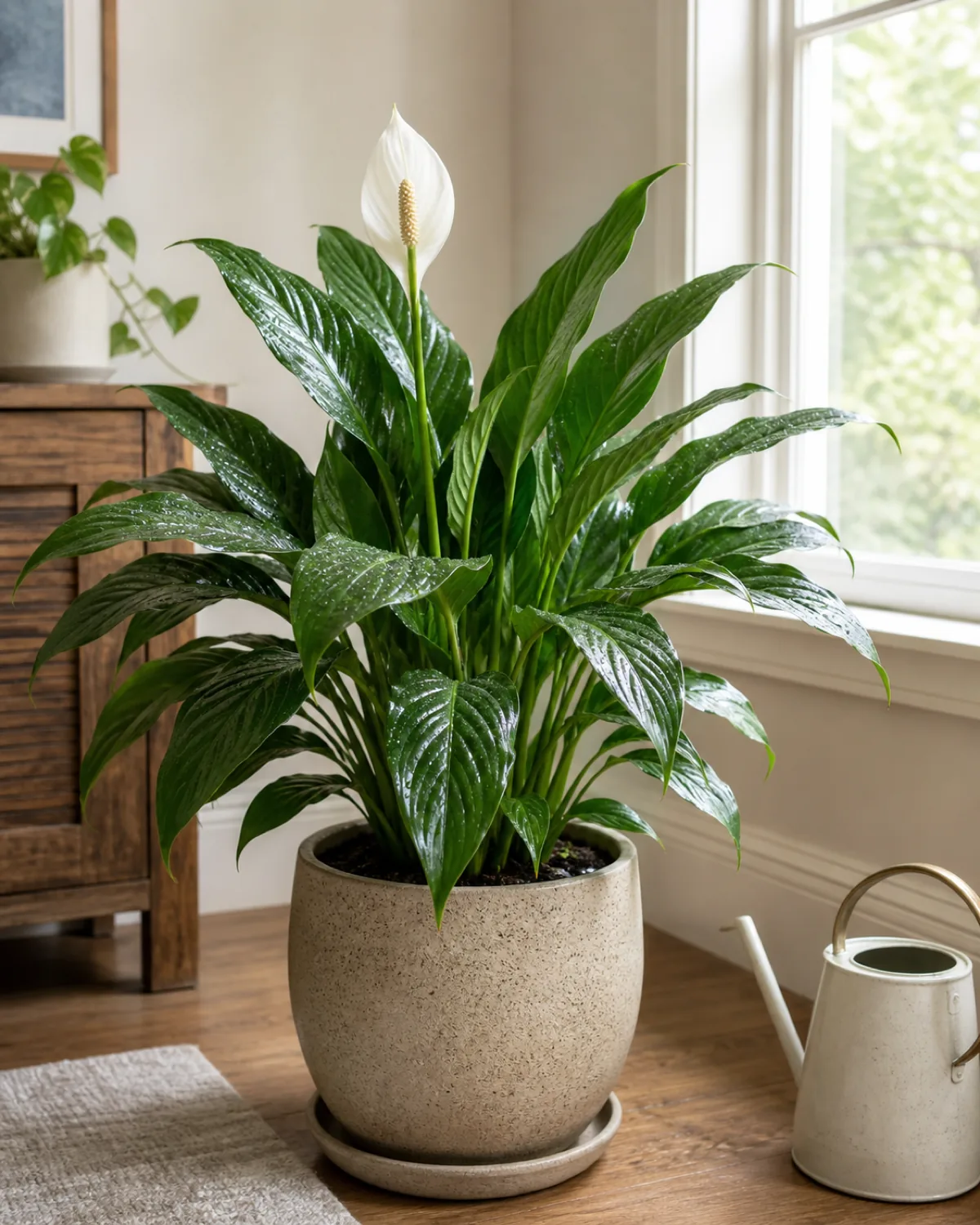 A peace lily perked back upright after a deep watering, with water droplets still on its arching dark leaves, a plain watering can nearby