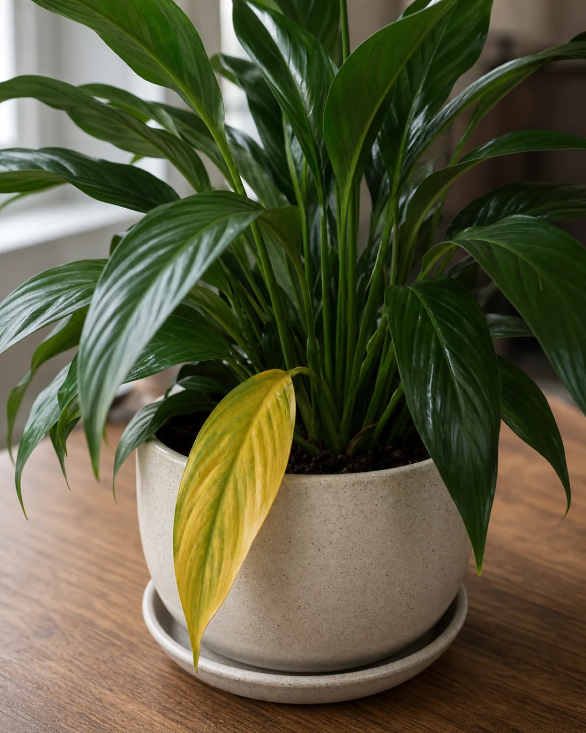 A potted peace lily with one yellowed older leaf at the base of the clump among otherwise healthy dark green leaves
