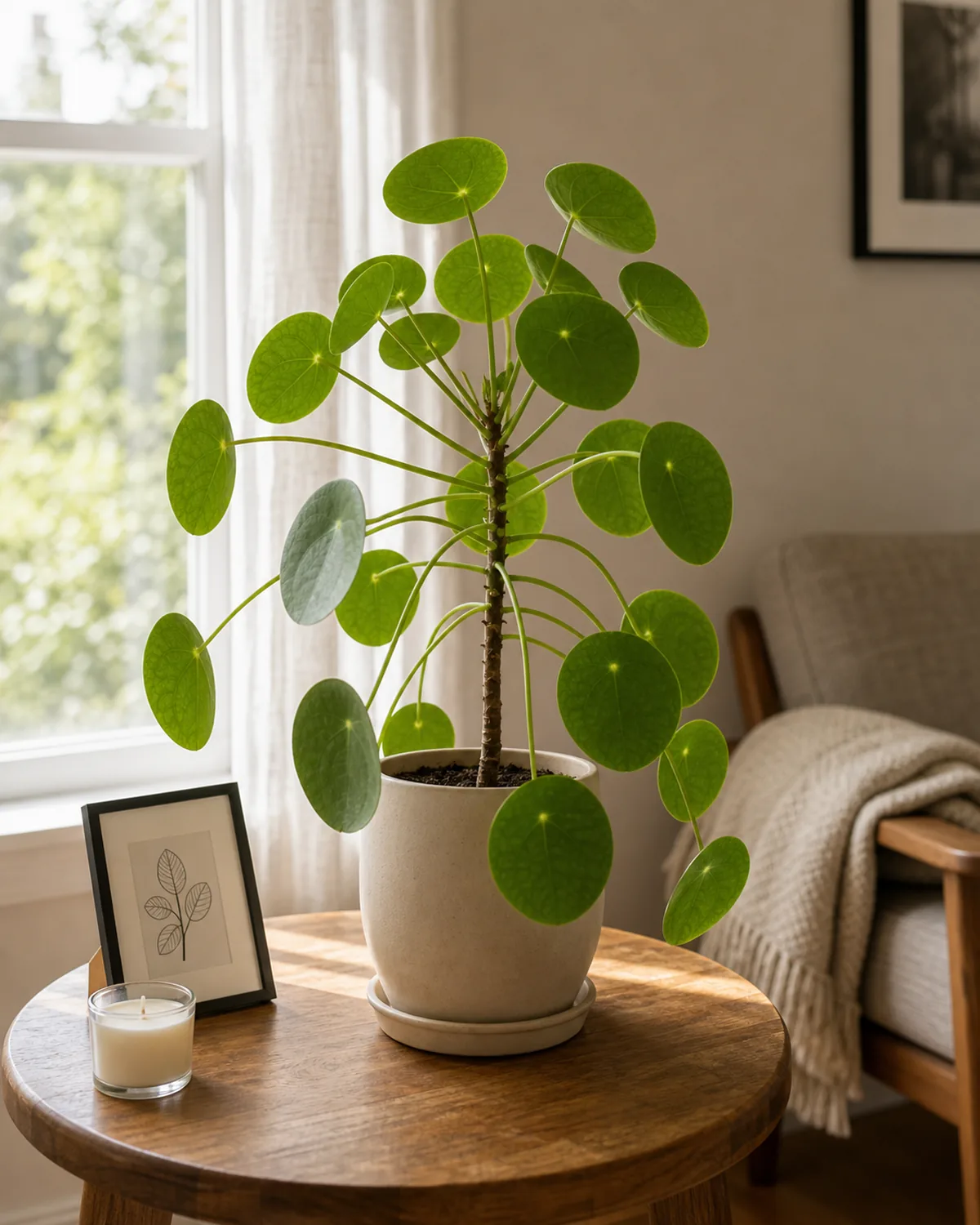 A sculptural mature pilea peperomioides in a cream ceramic pot styled as a single-statement piece on a small styled wood side table beside a sunlit window with the upright slender stem and round flat peltate disc leaves clearly silhouetted