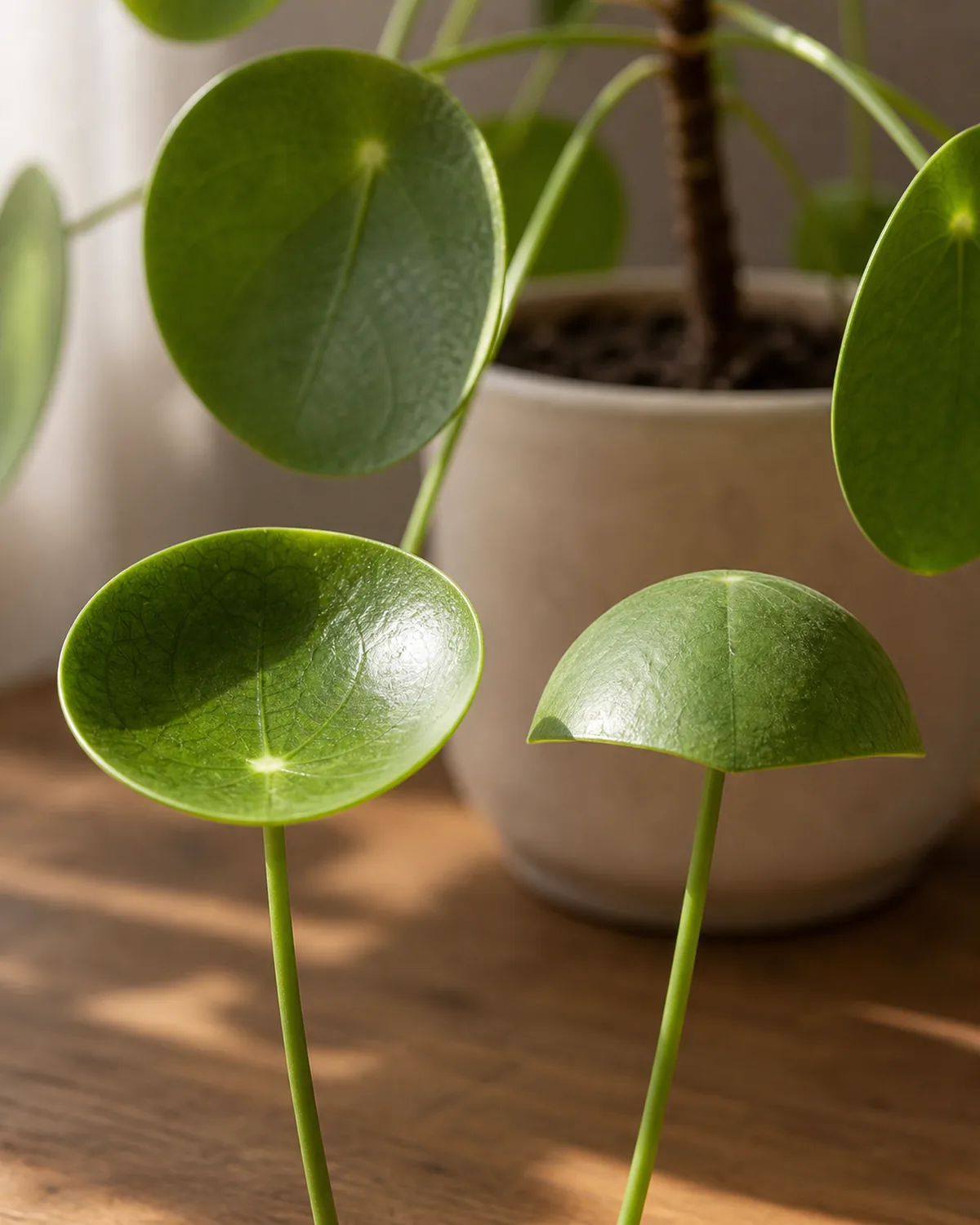 Tight closeup of two pilea peperomioides round disc leaves side by side on slender petioles, one visibly cupping upward like a small saucer and the other doming downward like a small umbrella, showing the opposite curl directions