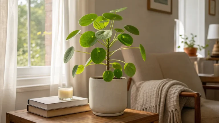 A healthy mature pilea peperomioides on a wood side table beside a sunlit window with a single upright slender stem holding many perfectly round flat disc-shaped peltate leaves on slender petioles