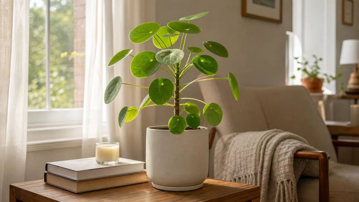 A healthy mature pilea peperomioides on a wood side table beside a sunlit window with a single upright slender stem holding many perfectly round flat disc-shaped peltate leaves on slender petioles