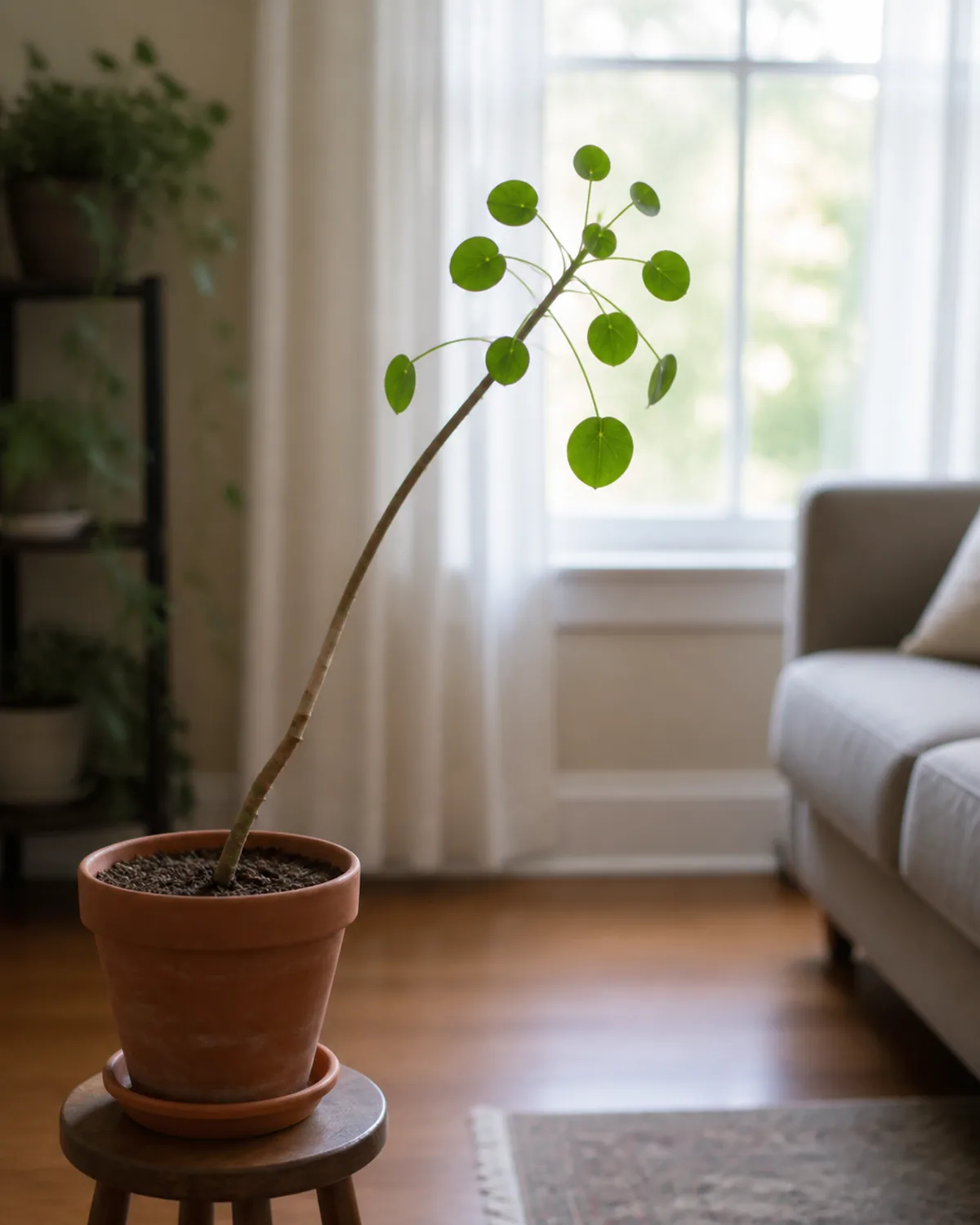 A clearly etiolated pilea peperomioides in a small terracotta pot with the central stem leaning dramatically sideways toward a distant bright window across the room and a long bare lower stem section showing insufficient light