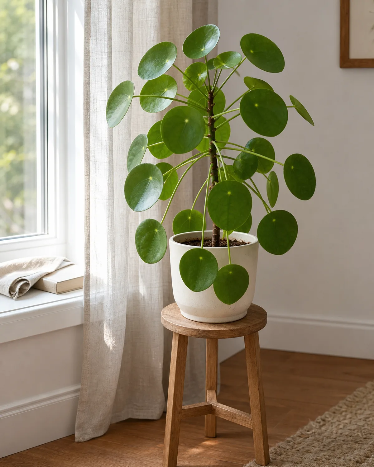 A healthy pilea peperomioides in a cream ceramic pot on a small wood plant stand a couple of feet back from a bright south-facing window with daylight diffused through a sheer linen curtain catching the flat round disc leaves