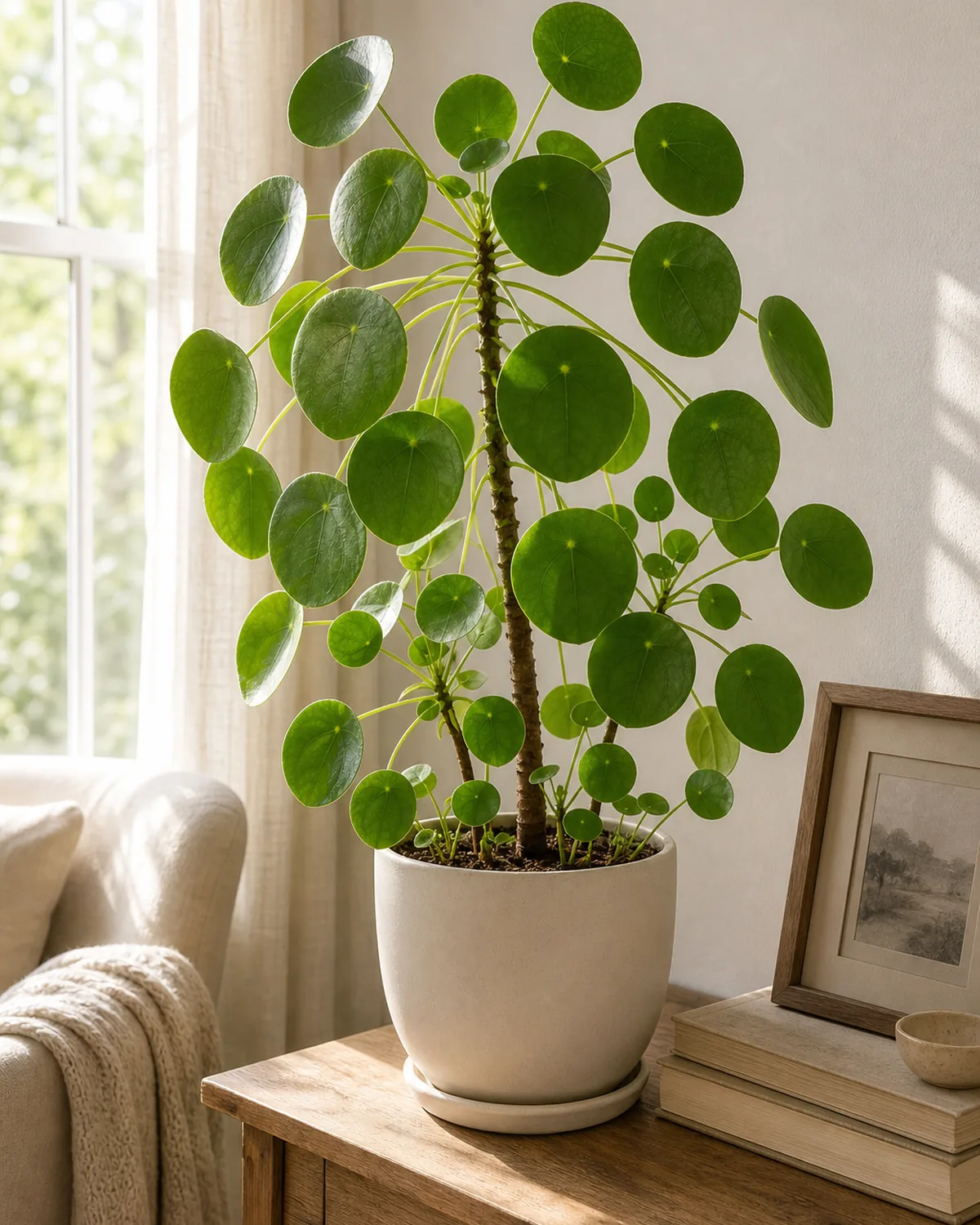 A thriving lush mature pilea peperomioides in a cream matte ceramic pot on a small styled wood console table in a sunlit calm living room corner with the single upright stem holding many large round flat peltate disc leaves and several small pups emerging from the soil beside the parent