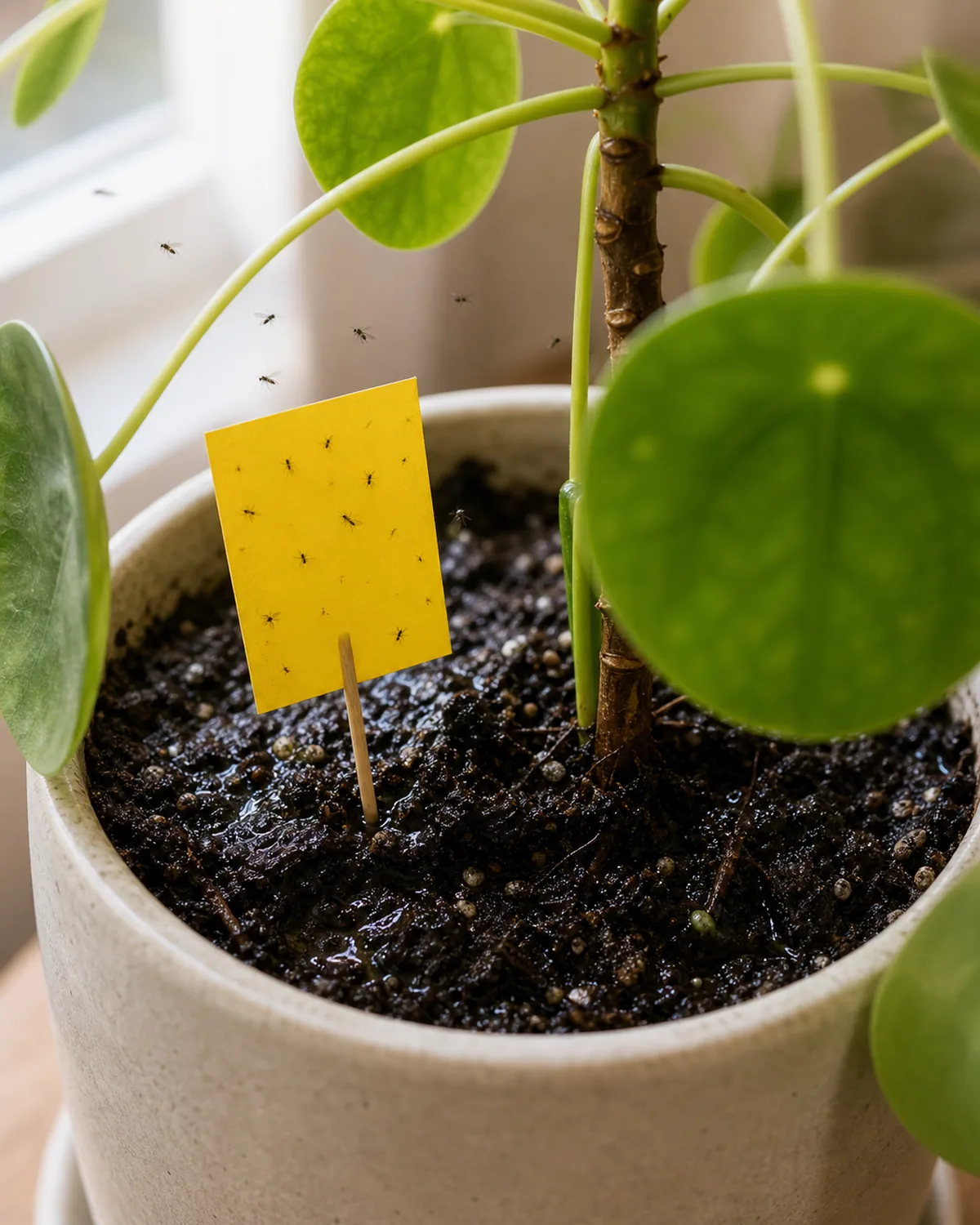 Tight closeup of the top of a pilea peperomioides pot showing dark wet soil with a few tiny pinhead fungus gnats hovering just above the surface and a small bright yellow sticky trap card on a thin wood stake stuck in the soil with several gnats stuck to it