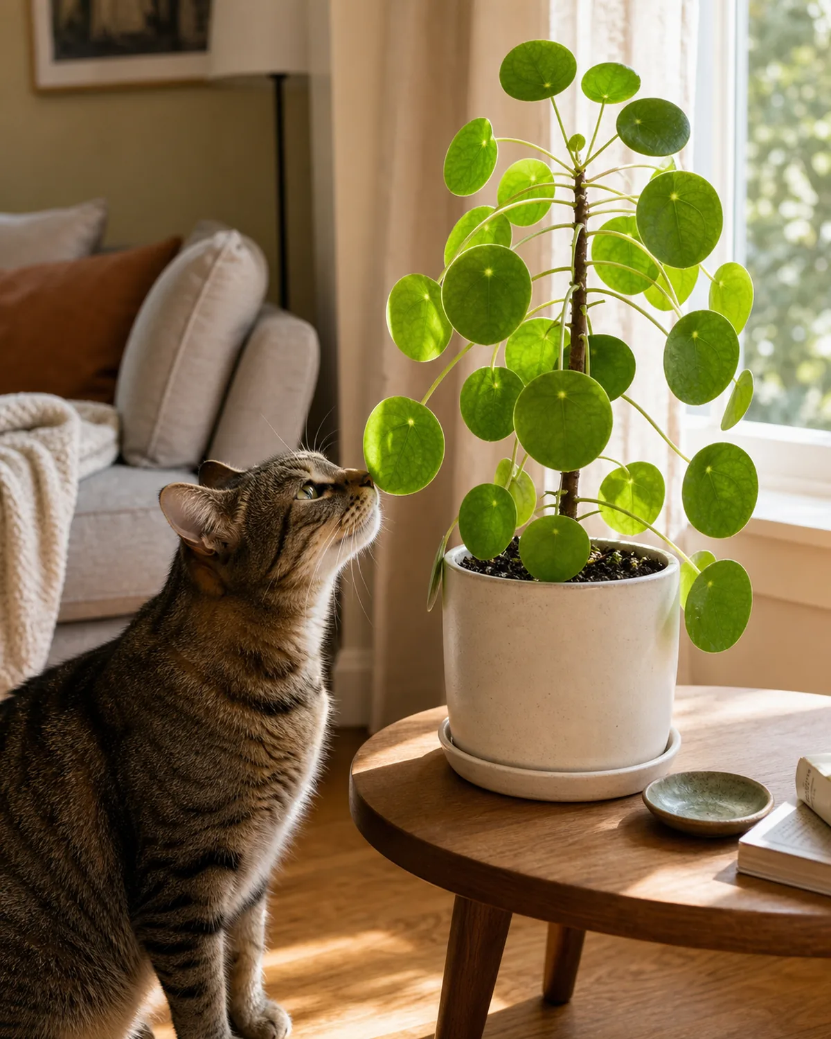 A calm domestic scene of a curious tabby cat on a wood floor reaching its nose toward a round disc leaf of a pilea peperomioides on a low side table in a sunny living room corner