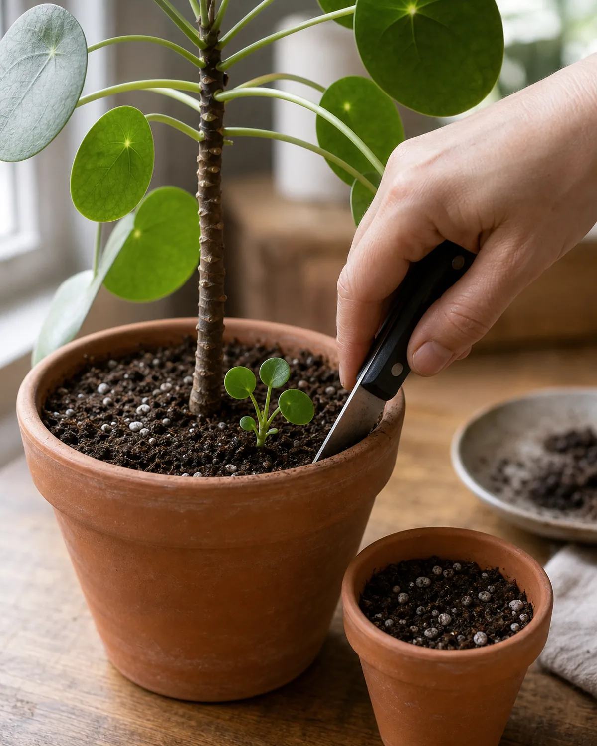 A hand sliding a clean small knife straight down into the soil beside a small underground pup that has popped up from the soil beside the parent pilea stem in a terracotta pot, with a small empty pot of fresh mix ready to receive the pup